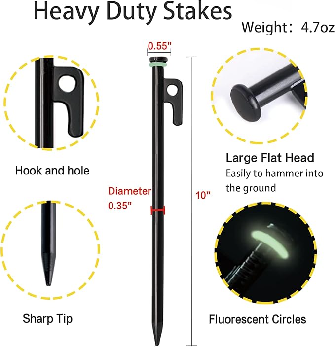 Tent Stakes, 12Pcs 10in Heavy Duty Forged Steel Tent Stakes +Storage Pouch, Metal Tent Stakes, Metal Stakes for Tent Used on Rocks, Snowfield, Dessert, Stormy Weather (12Pcs 10in Tent Stakes)