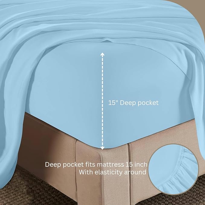 Cotton Blend 4-Piece Bed Sheets Set Queen Size, Light Blue Queen Sheets, Long-Staple Cotton Bed Sheets for Bed, Soft & Silky Sateen Weave 15-Inch Elasticized Deep Pocket (Queen,Light Blue)