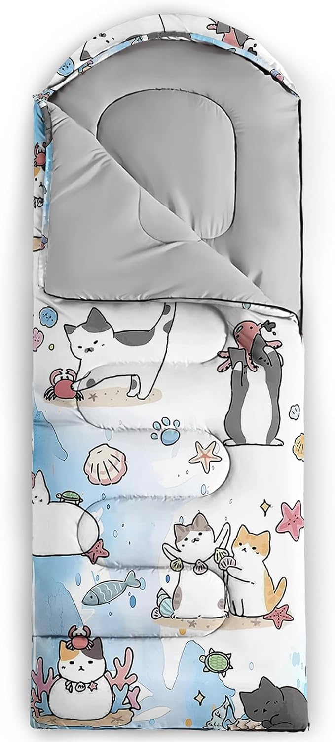 AILONEN Kids Floral Cat Camping Sleeping Bags,Lightweight & Waterproof,3 Season Warm & Cool Weather,Kawaii Kitten Sleeping Bags for Girls Adults,Travelling,Outdoors
