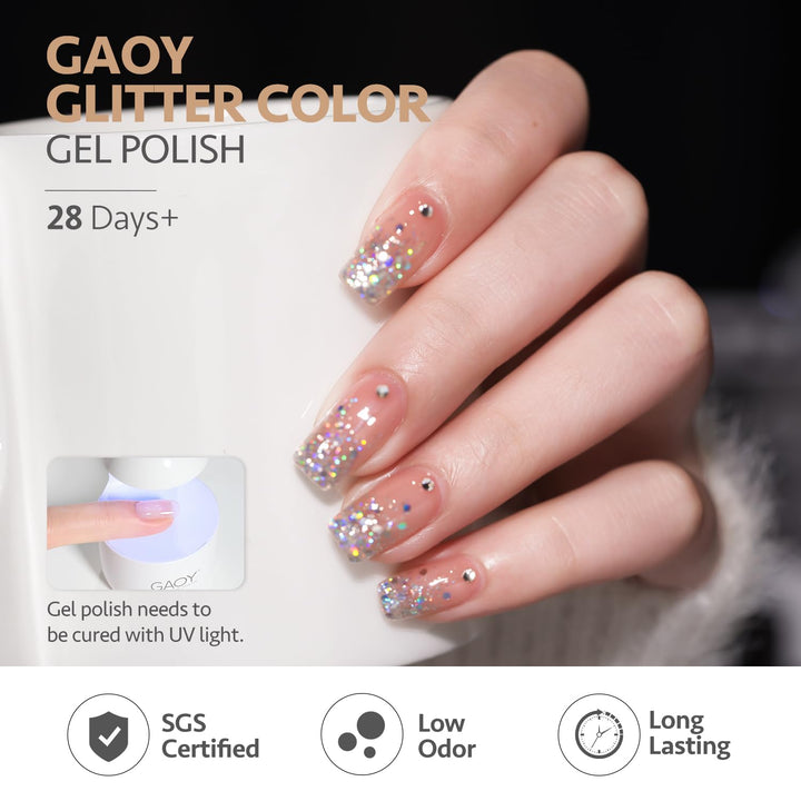 GAOY Reflective Glitter Gel Nail Polish Set, 6 Colors Holographic Sparkle Silver Gold, Soak Off UV Light Cure Gel Polish for Salon and Nail Art DIY at Home, Glitter Collection