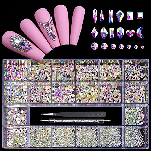 12 Types of 600 Crystal AB Diamonds + 2500 Flat Rhinestones Mix 20 Styles Flatback DIY Crafts Rhinestone Crystals 3D Ornament‌s Flat Back Stones Set + Tweezers + Drill Pen