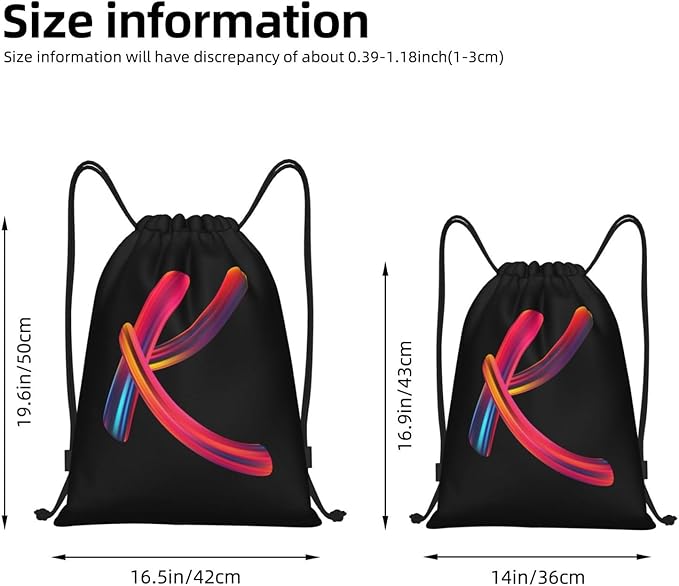 Drawstring Bags Initial Drawstring Backpack Sackpack Black Draw String Cinch Bags for Sports, Gym, Travel, Swimming, Beach, Camping, Rainbow Letter K