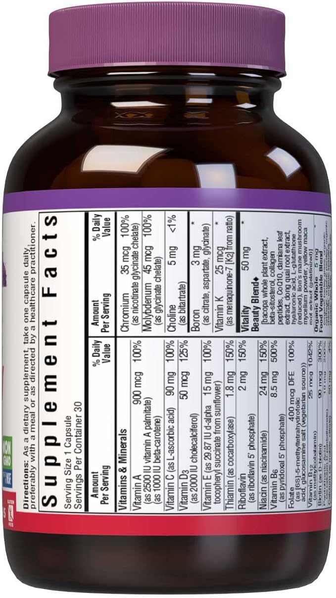 Bluebonnet Nutrition Ladies’ ONE 40+ Whole Food-Bed Multiple, Women Multivitamin for Women 40+, Soy-Free, Non-GMO, Gluten Free, 30 Vegetable Capsules, 30 Servings