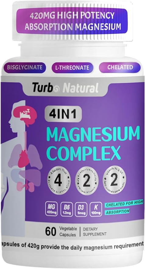 420 Mg Magnesium Bisglycinate L-Threonate Amino Acid Chelated Supplement with Vitamin and Potassium High Absorption Formula for Muscle Relaxation Bone & Joint Support Magnesium Complex Capsules(60)