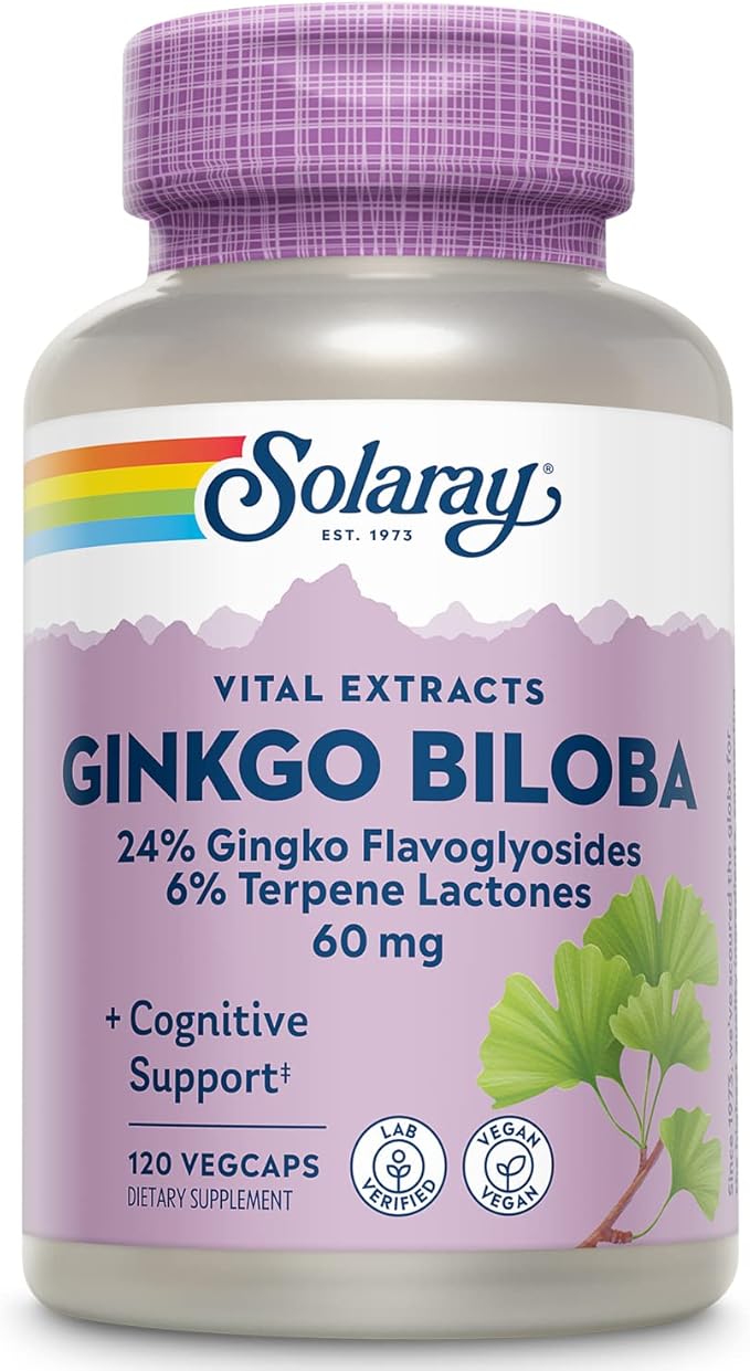 SOLARAY Guaranteed Potency Ginkgo Biloba Leaf Extract, Veg Cap (Btl-Plastic) 60mg | 120ct