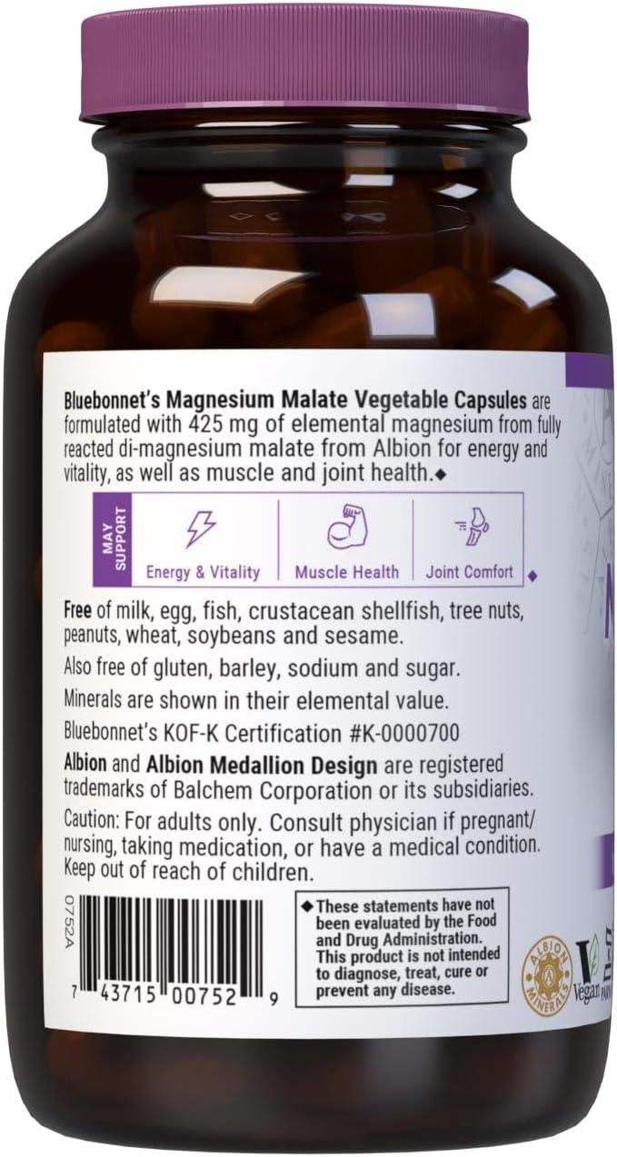 Bluebonnet Nutrition Magnesium Malate Vegetable Capsules - Supports Energy, Muscle & Joint Health - Non-GMO, Vegan, Kosher Certified, Gluten-Free, 90 Count