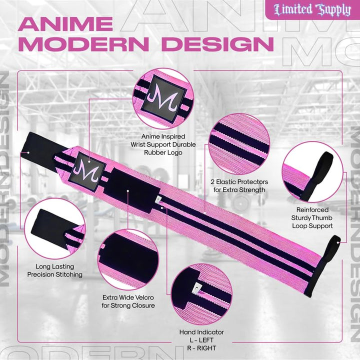 CROWN Anime Wrist Wraps Lifting Straps 24" for Men and Women - 1 Pair Each, Gym Accessories Support Weightlifting, Powerlifting, Strength Training, and Improve Workout, Pink Bu