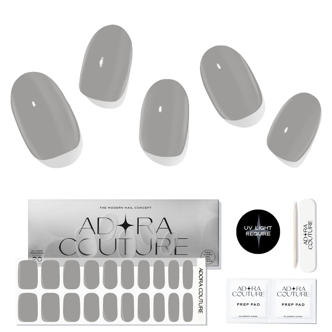 Adora Couture Semi Cured Gel Nail Strips with 20 Pieces, Salon Quality Nail Wraps for Women, Glossy Grey UV Gel Nail Stickers, UV Light Required, Ultimate Grey