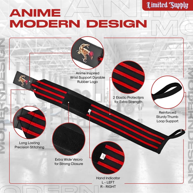 CROWN Anime Wrist Wraps Lifting Straps 24" for Men and Women - 1 Pair Each, Gym Accessories Support Weightlifting, Powerlifting, Strength Training, and Improve Workout, Black Redbki