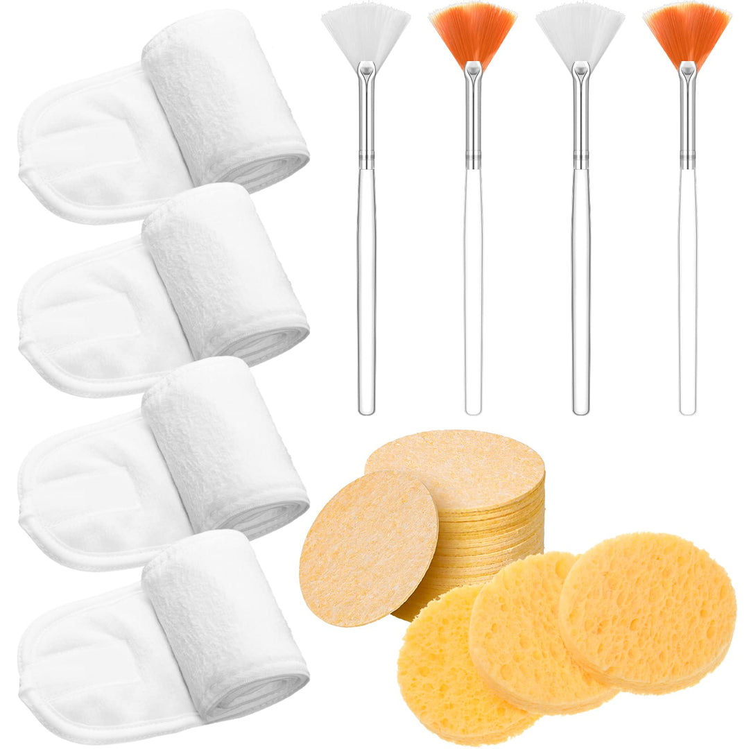 4 Pcs Spa Facial Headband Makeup Head Wrap Adjustable Towel with 30 Pcs Compressed Facial Sponges, 4 Pcs Facial Mask Fan Brushes