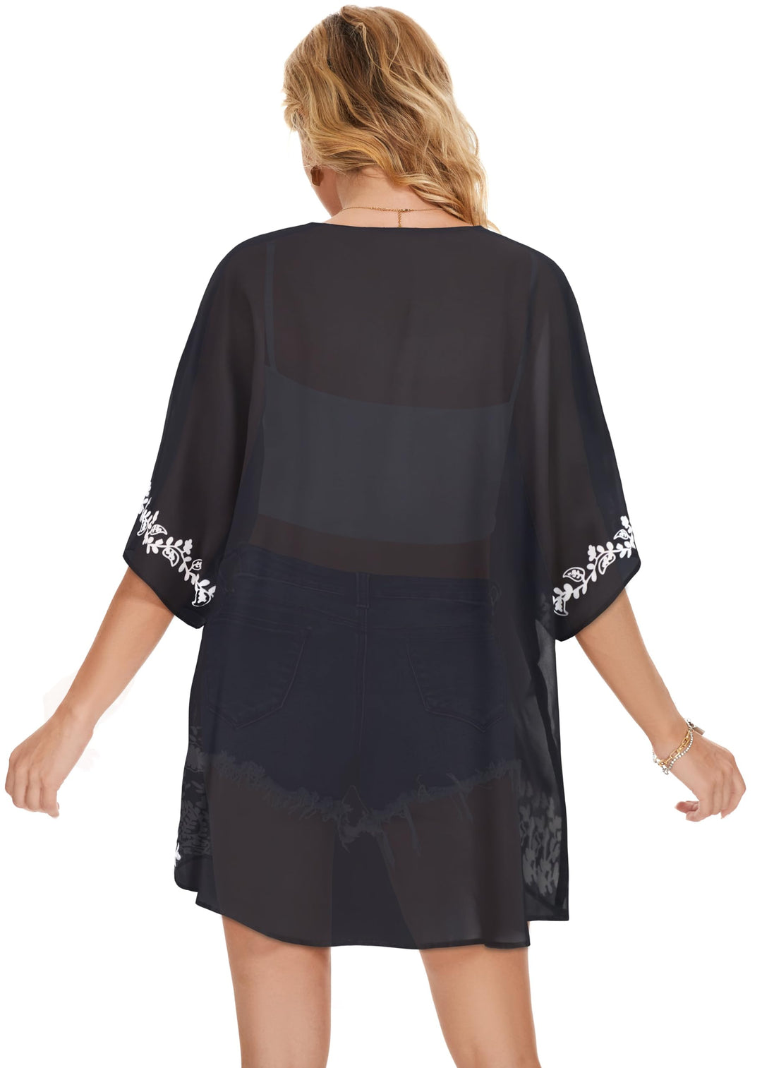 Womens Floral Kimono Cardigans Beach Cover Tops Loose Puff Sleeve Casual Blouse (C Black Flower, S)
