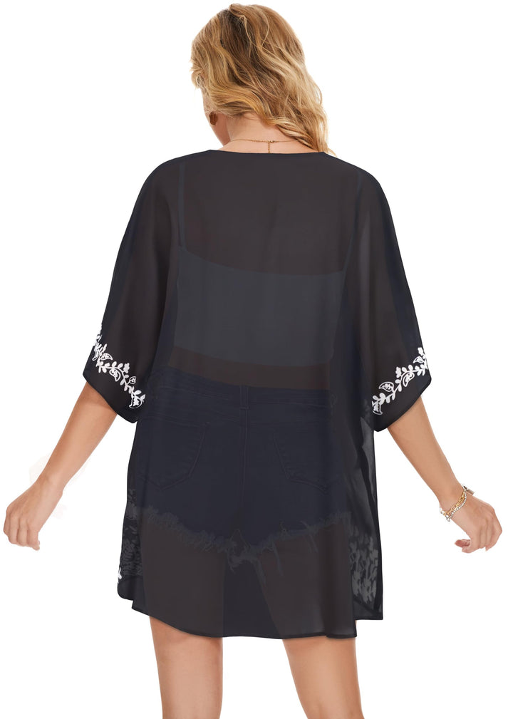 Womens Floral Kimono Cardigans Beach Cover Tops Loose Puff Sleeve Casual Blouse (C Black Flower, S)