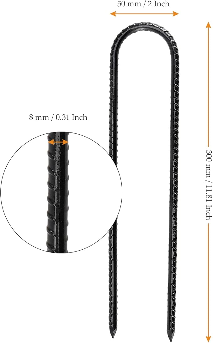 12 Pack 12 Inch U Shaped Rebar Stakes, Black U Rebar Hook, Heavy Duty Trampoline Wind Anchors Stakes for Camping Tents, Soccer Net