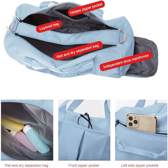 Blackwheel Sports Gym Bag With Shoe Bag Wet Bag Duffle Bag Waterproof Travel Bag for Women Men Light Blue 29L