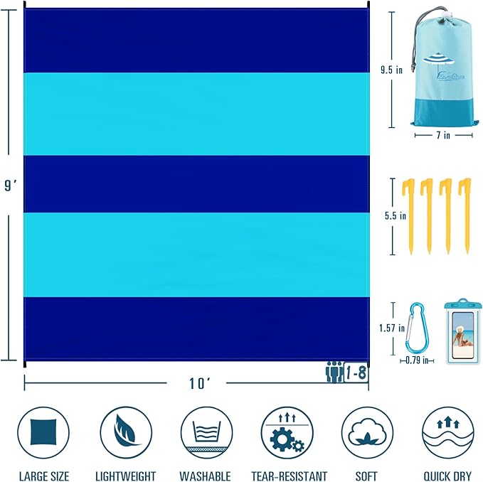 Beach Blanket Sandproof Waterproof 10'×9' 1-8 Adults Oversized,Compact Lightweight Durable Beach Mat for Travel Camping Hiking Picnic Blanket