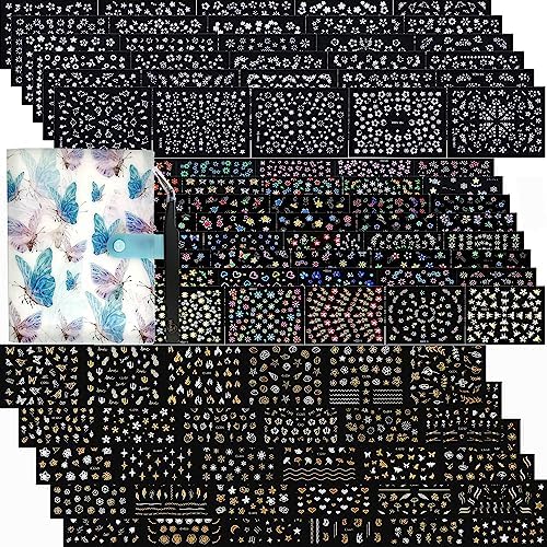 102 Sheets Nail Art Stickers & Storage Book,5200 Pieces 3D Self-Adhesive White Floral Nail Stickers with Rhinestones Designs, Multicolor Laser Gold Nail Decals for Women Girls DIY Manicure Decorations