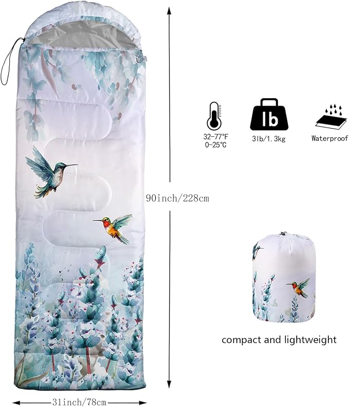 AILONEN Kids Floral Cat Camping Sleeping Bags,Lightweight & Waterproof,3 Season Warm & Cool Weather,Kawaii Kitten Sleeping Bags for Girls Adults,Travelling,Outdoors