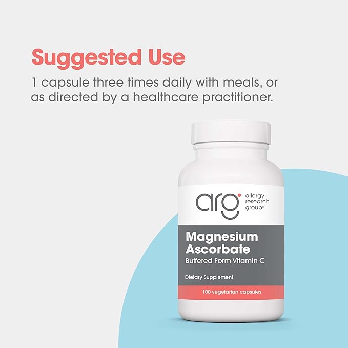 Allergy Research Group Magnesium Ascorbate Supplement - 1000mg Buffered Vitamin C, Immune Support, Magnesium Powder, Vegetarian Capsules - 100 Count