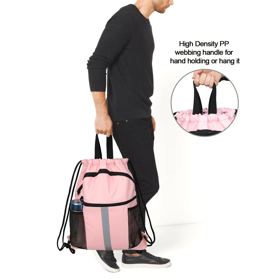 BeeGreen Wine Red Drawstring Backpack Bag with Shoe Compartment X-Large Gym Sports String Cinch Sackpack with Front Inside Zipper Pockets 75D