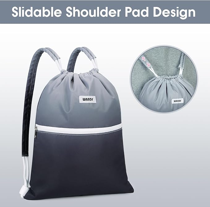 WANDF Drawstring Backpack Sports Gym Bag with Shoulder Pads Water Resistant String Cinch Bag for Women Men (Black Gradient)