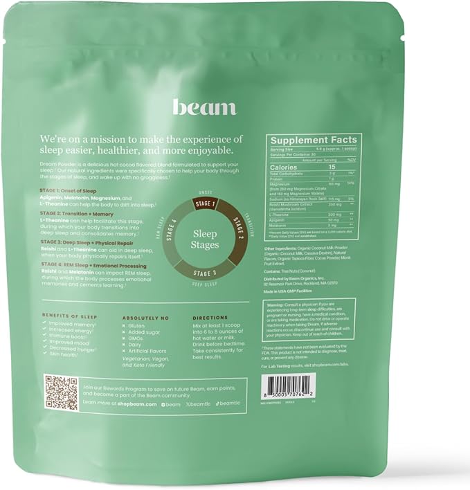 Beam Dream Sleep Powder, Natural Sleep Aid and Magnesium Hot Cocoa Drink for Adults, Calming Sleep Supplement with Apigenin, Nighttime Sleep Drink Powder, Third Party Tested Supplement, 30 Servings
