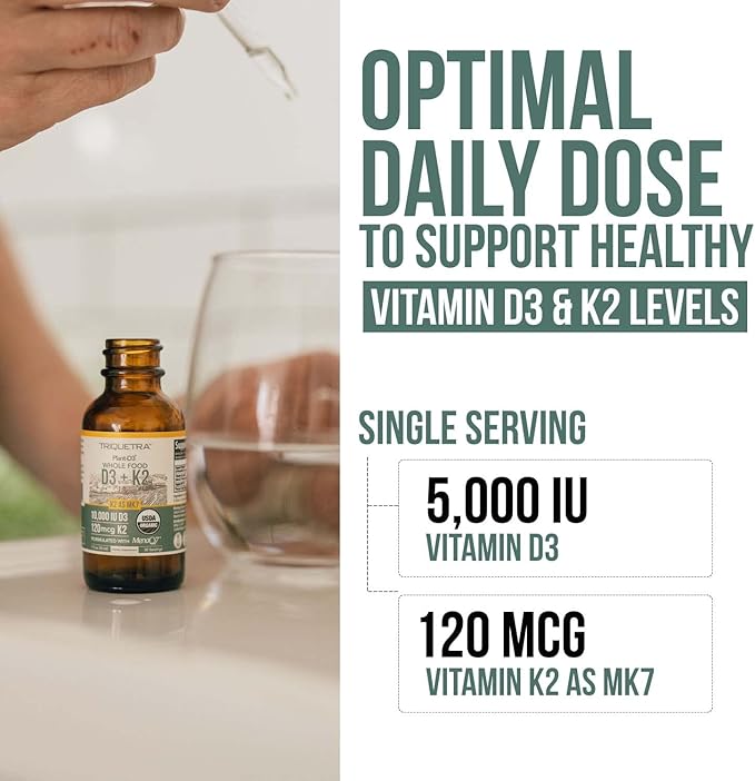 Organic Plant D3 + K2 (5000 iu D3) - All-Trans MK7 from MenaQ7 (120 mcg K2) - 100% Organic & Plant-Based Sublingual D3 Drops (Cholecalciferol), 100% Vegan - Supports Immunity, Bone(1oz)