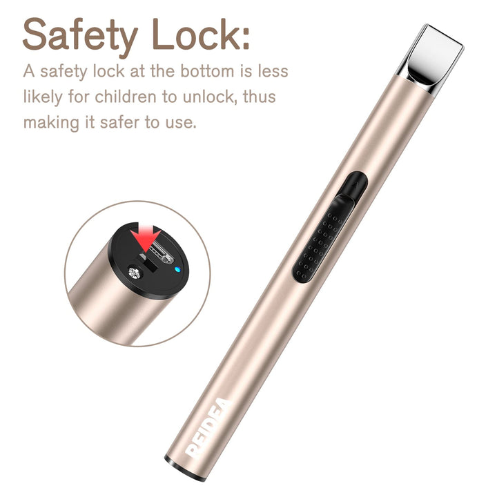 REIDEA Lighter S4 Electronic Candle Lighter USB Rechargeable with Security Lock, Windproof Fast Heat Sinking, Non-Slip Switch Electronic Lighter for Candle, Grill, Camping (Champagne Gold + White)