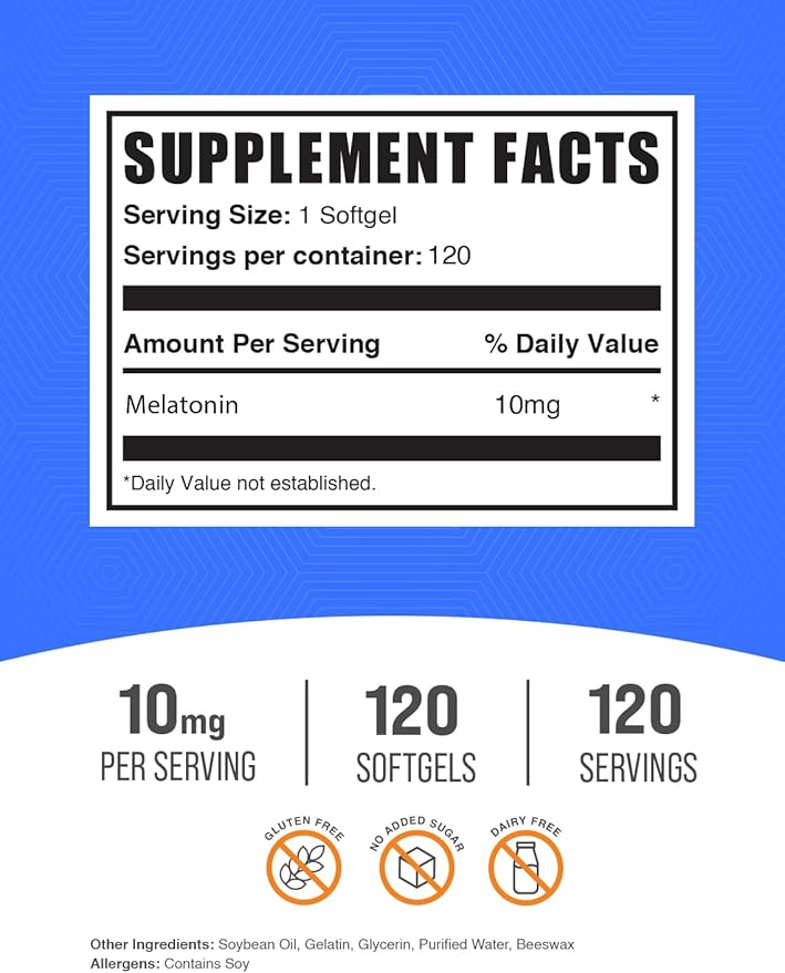 BulkSupplements.com Melatonin 10 mg Softgels - Melatonin for Adults, Sleep Supplement - 10mg Melatonin per Serving, Gluten Free, 1 Softgel per Serving, 120 Count (Pack of 1)