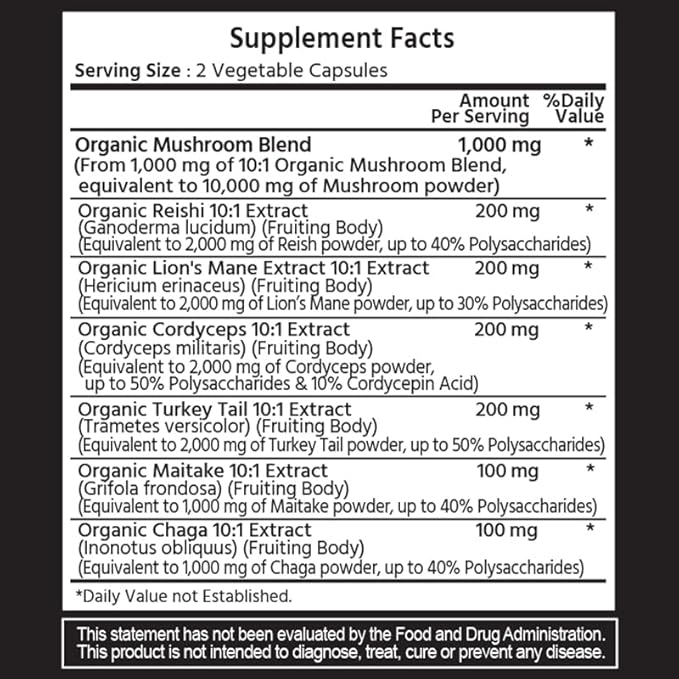 Mushrooms Complex 120 Vegetable Capsules. 6 Essential Mushrooms: Organic Reishi, Lion's Mane, Cordyceps, Turkey Tail, Maitake, Chaga. Healthy Immune Support. Non-GMO.