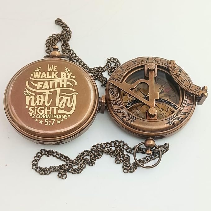 Behinde You Engraved Sundial Compass with Leather case. We Walk by Faith Not by Sight Corinthians 5:7 Compass. Personalized Brass Pocket Compass Gifts for Men, Him, Son