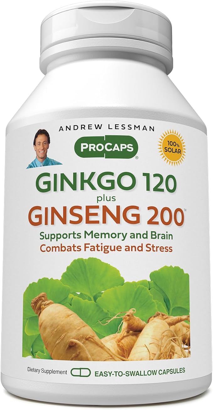 ANDREW LESSMAN Ginkgo 120 Plus Ginseng 200mg - 180 Capsules - Standardized Extract Blend to Support Brain, Memory and Cognitive Function. Adaptogen, Combats Stress and Fatigue. No Additives