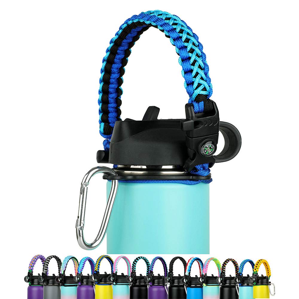 WEREWOLVES Paracord Handle - Fits Wide Mouth Bottles 12oz to 64oz - Durable Carrier, Paracord Carrier Strap Cord with Safety Ring,Compass and Carabiner - Ideal Water Bottle Handle Strap (Blue Blue)