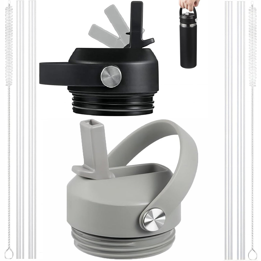 Straw lid for Yeti Rambler 18 26 36 64 oz, Lid with Straws and Flexible Handle, Replacement Cap for Yeti 18oz 26oz 36oz 64oz Rambler Water Bottle Straw Cap (Black+Stone - 2 Pack)