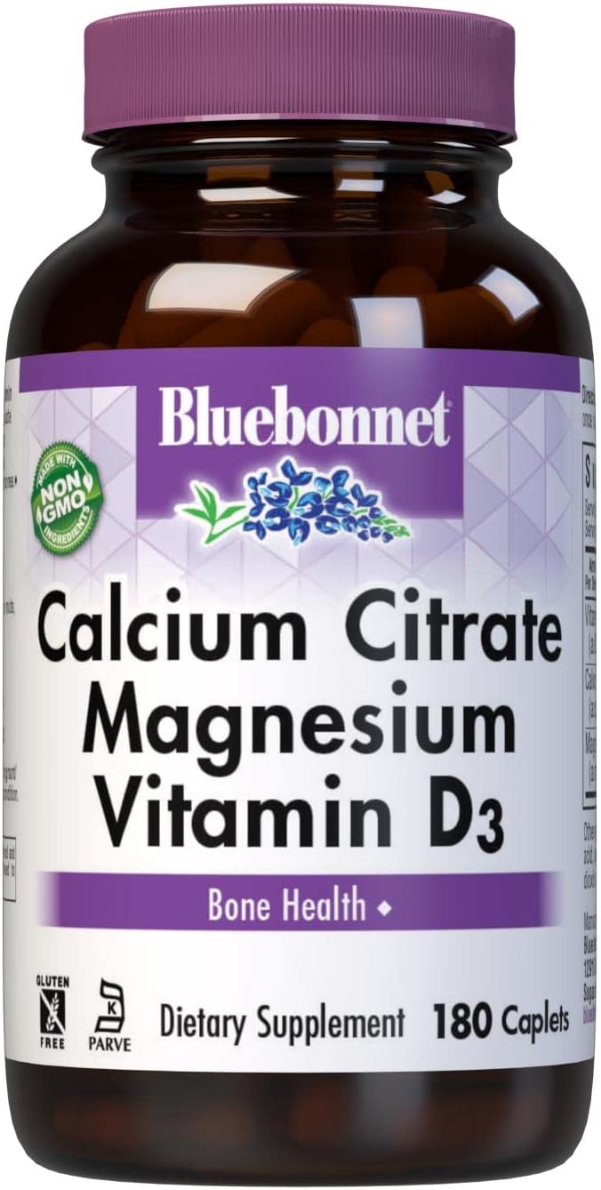 Bluebonnet Nutrition Calcium Citrate Magnesium Plus Vitamin D3 Caplets, Bone Health & Muscle Relaxation, Non GMO, Gluten, Soy & Milk Free, Kosher, White, Unflavored, 180 Count