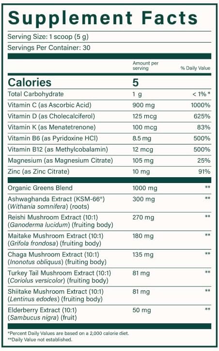 Beam Greens Powder, Superfood Supplement for Gut Health, Vegan Organic Blend with Ashwagandha, Vitamin C, B12, B6, D, Non-GMO Daily Detox & Immune Support, Strawberry Kiwi Flavor - 30 Servings