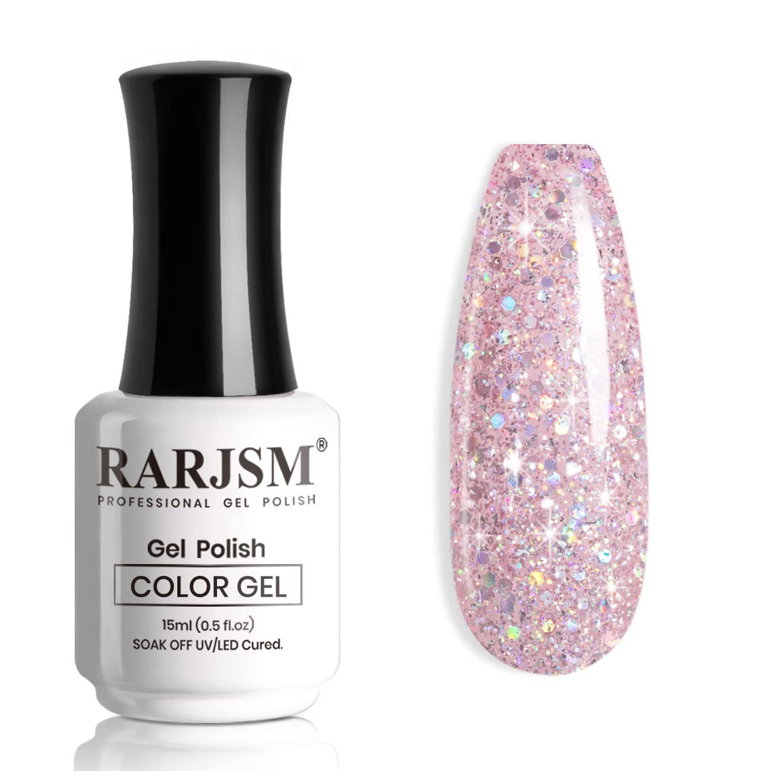 RARJSM Nude Pink Glitter Nail Polish Chunky Iridescent 15ml Shimmer Holographic Rainbow Effect Soak off Led UV Curing Required High Pigments Gel for Home Manicure Nail Art