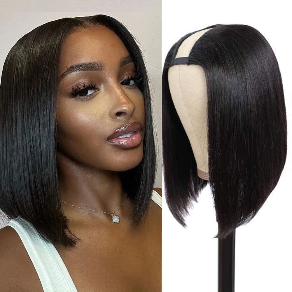 Paneway U Part Wig Human Hair Straight Bob Wigs For Black Women 12 Inch Brazilian Remy Hair Short Bob Human Hair Wigs Clip In U