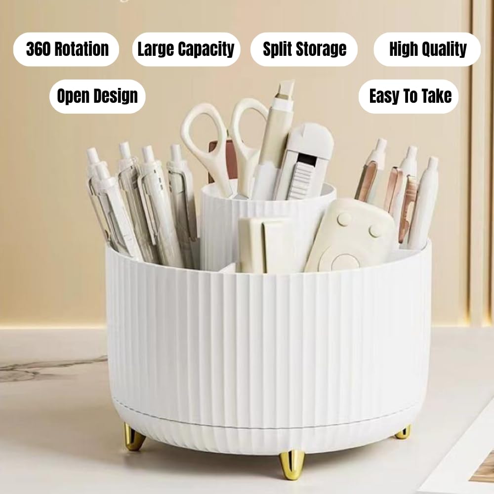 360° Rotating Makeup Organiser with 5 Compartments – Multi-Use Cosmetic Brush Holder and Desk Storage Container for Makeup, Jewelry, Stationery – Anti-Slip Base, Durable Design for Bedroom, (White)