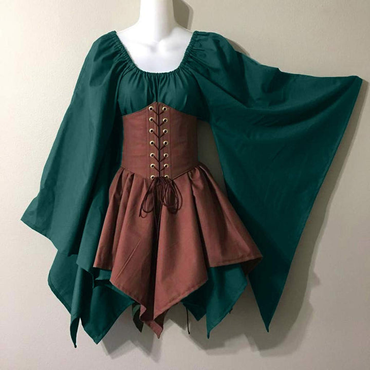 KEGIRLOM Lightning Deals Today Women's Medieval Renaissance Dress Costume Flare Sleeve Corset Skirt Overskirt Elven Archer Irish Over Gown 2pcs Set,Lolita Dress for Women