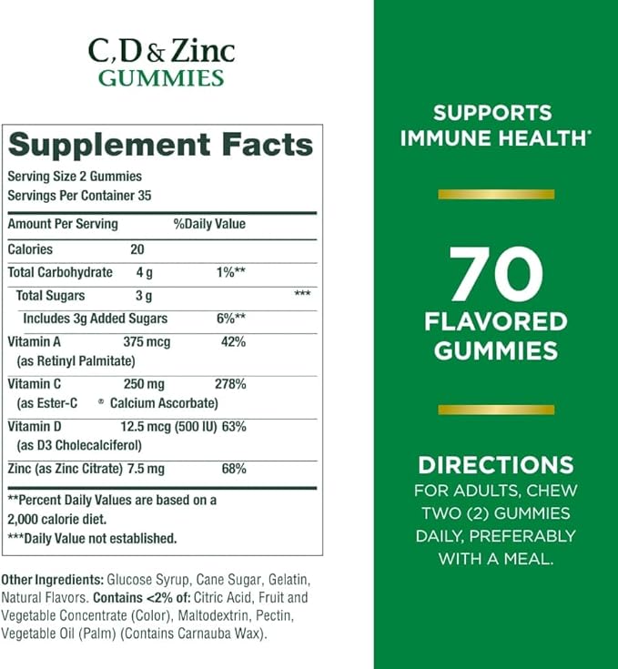 Nature's Bounty C, D, & Zinc Gummies, Immune Support Gummies for Adults, Citrus Berry, 70 Ct