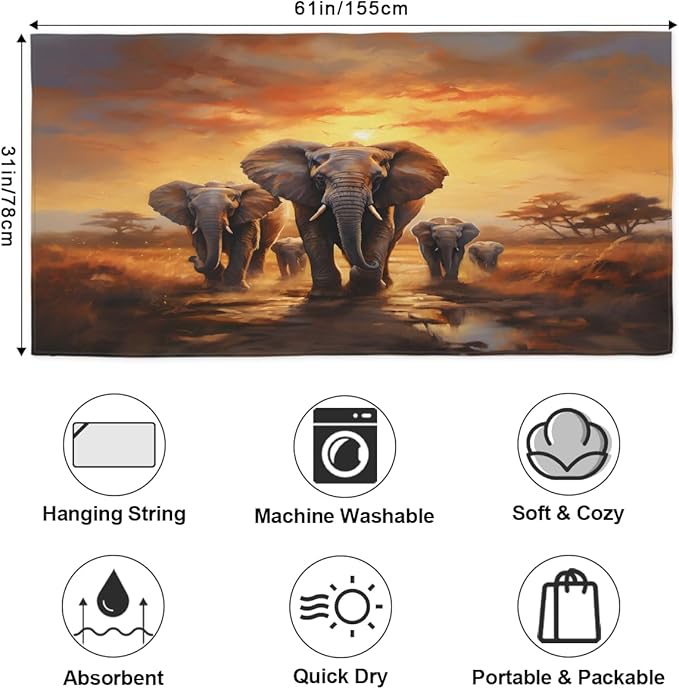 African Elephant Beach Towel Oversized Quick Dry Beach Blanket Microfiber Sand Free Absorbent Lightweight Sunset Elephant Pattern Bath Towel for Pool Travel Swimming Camping Women Men, 30" x 60"