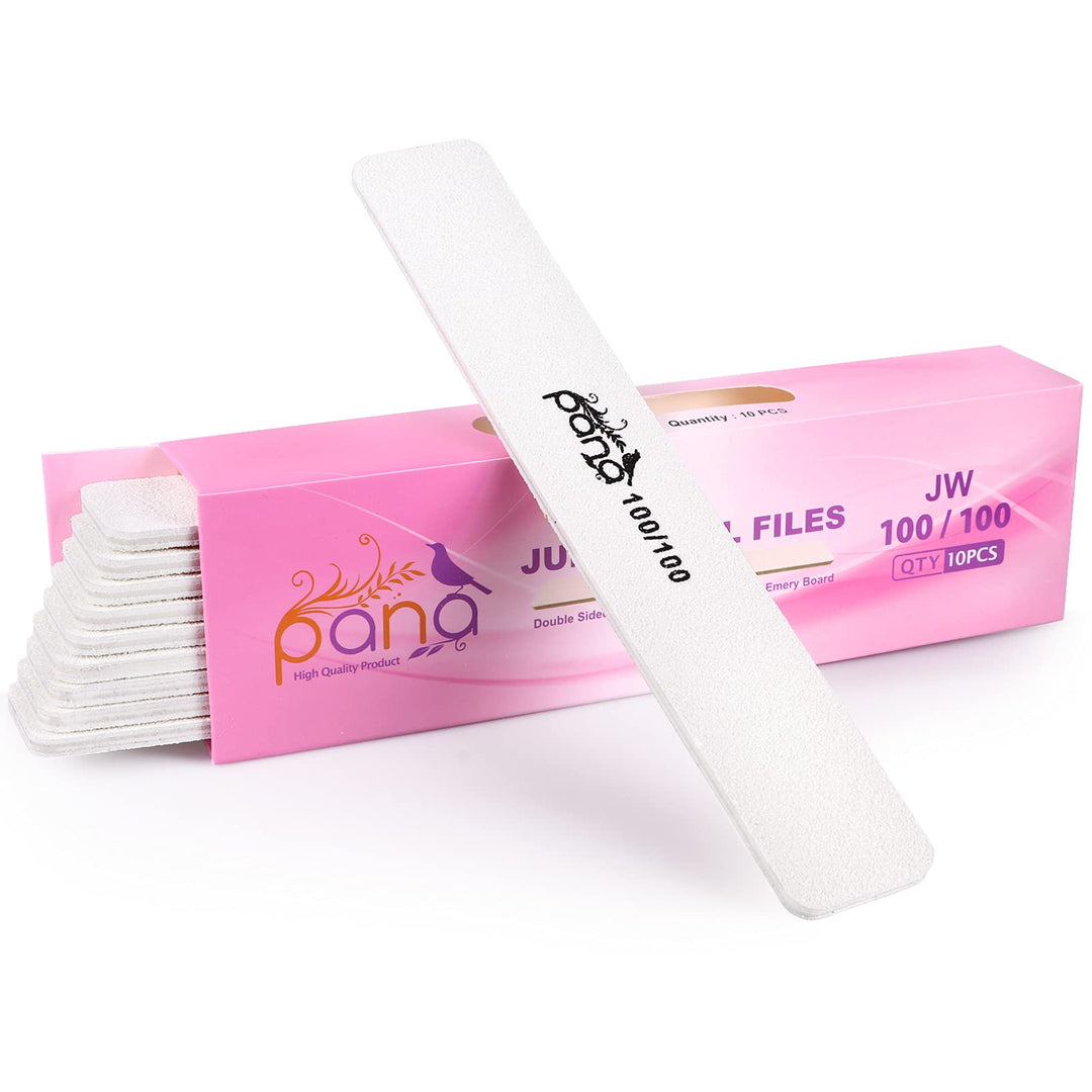10Pcs Jumbo Size Pana Professional Double Sided Nail Files - White, 100/100 Grit - Emery Board Nail Buffering File Manicure Pedi