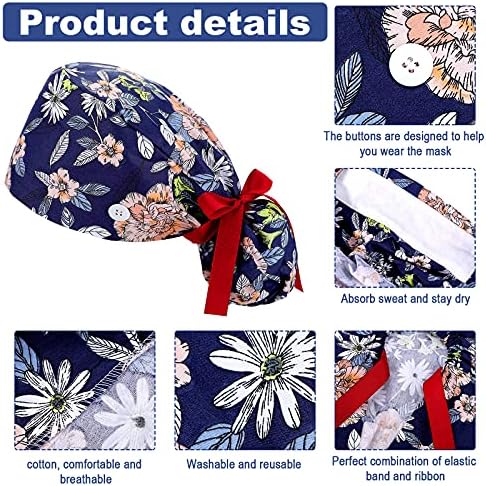 8 Pieces Scrub Caps with Buttons Bouffant Hats with Sweatband Adjustable Ponytail Holder for Women