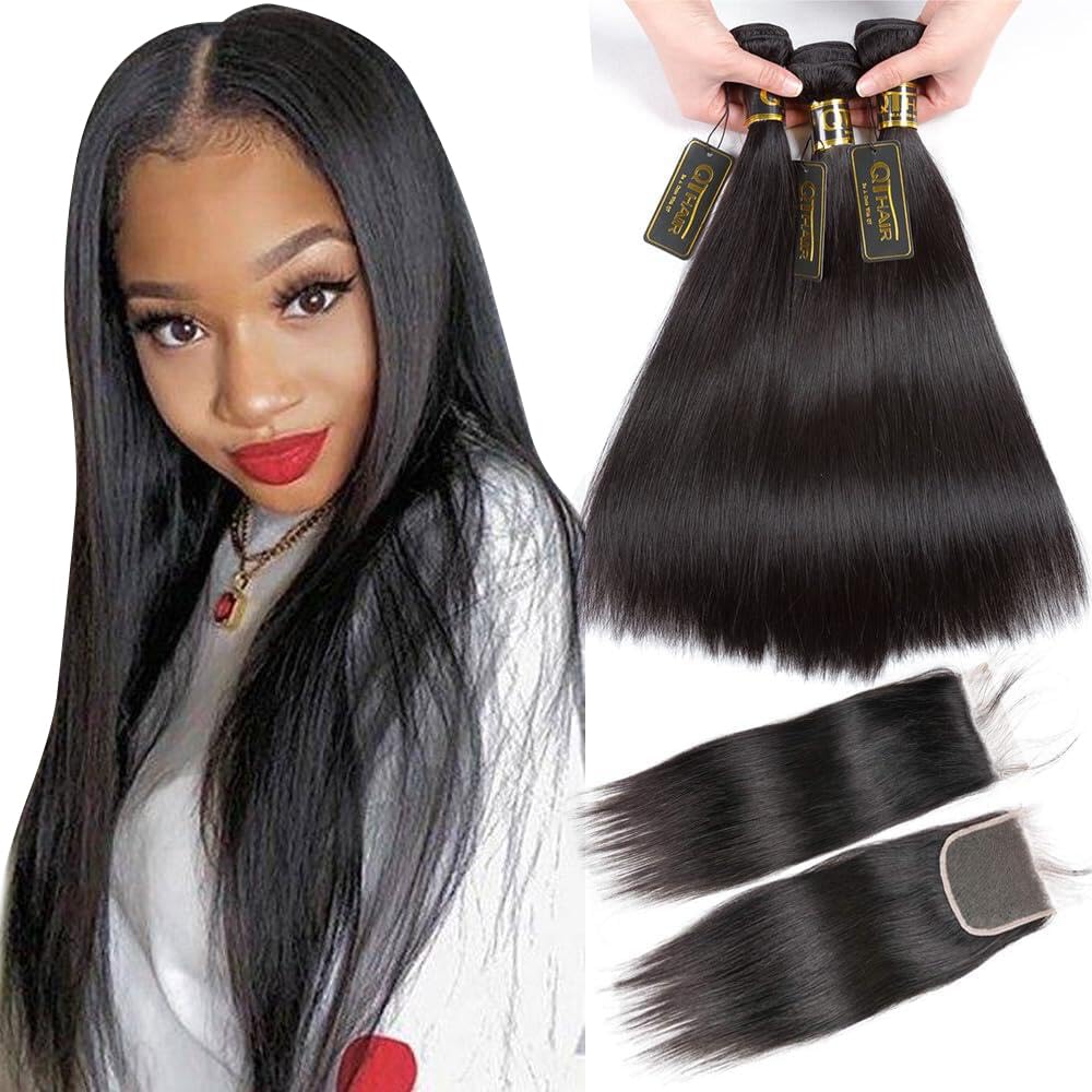 QTHAIR 14A Grade Brazilian Straight Human Hair Bundles with Closure(14" 16" 16"+12"Free Part Lace Closure,Natural Black) 100% Unprocessed Brazilian Virgin Hair Extensions for All Women