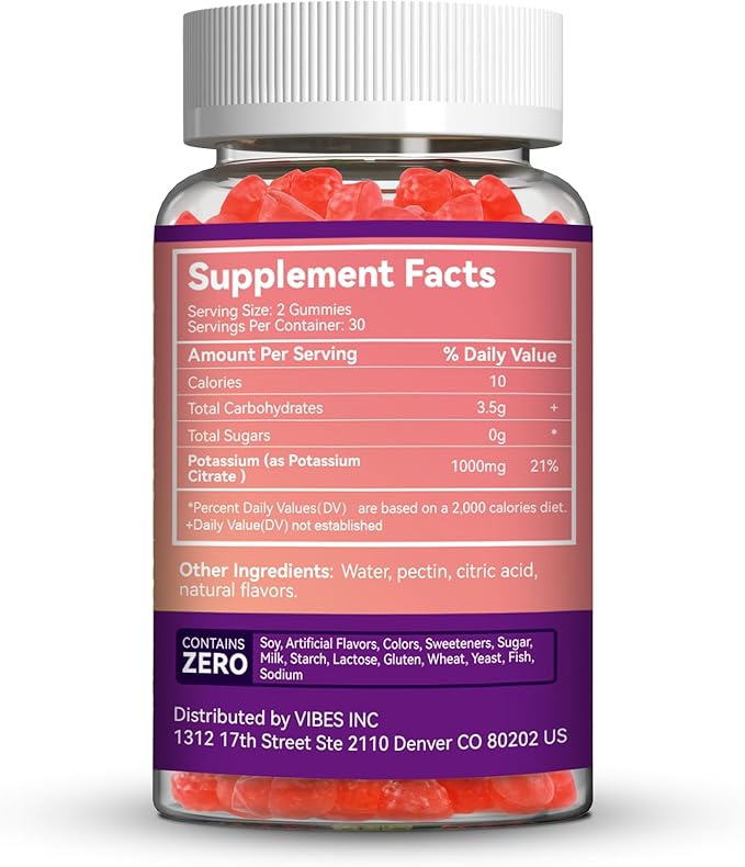 Potassium Gummies,Chewable Potassium Supplement 1000mg for Adults, Support Leg Cramps & Muscle Health for Women & Men - Sugar-Free,Vegan,60 Count