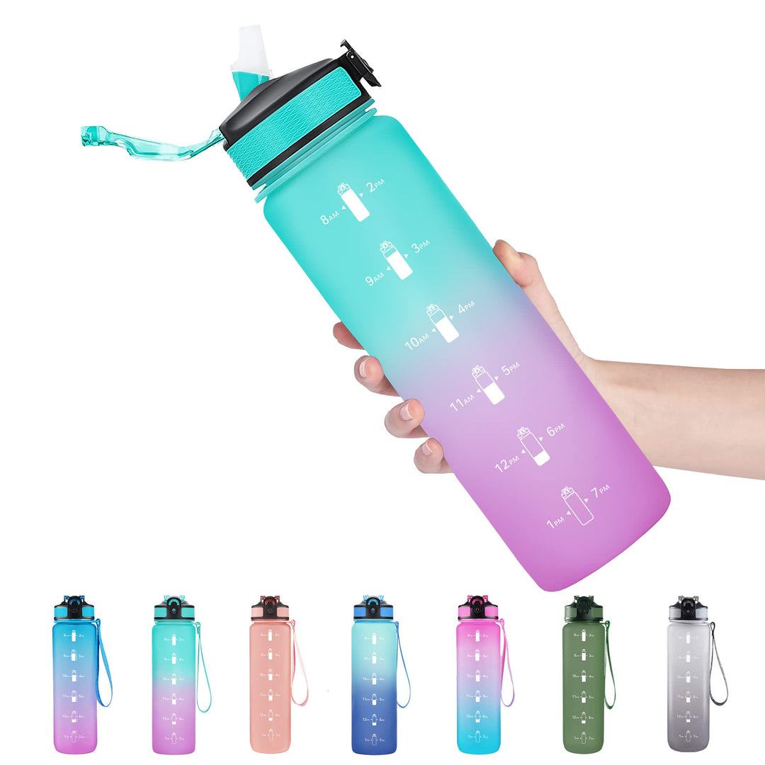 EYQ 32 oz Water Bottle with Time Marker, Carry Strap, Leak-Proof Tritan BPA-Free, Ensure You Drink Enough Water for Fitness, Gym, Camping, Outdoor Sports（Green/Purple Gradient）