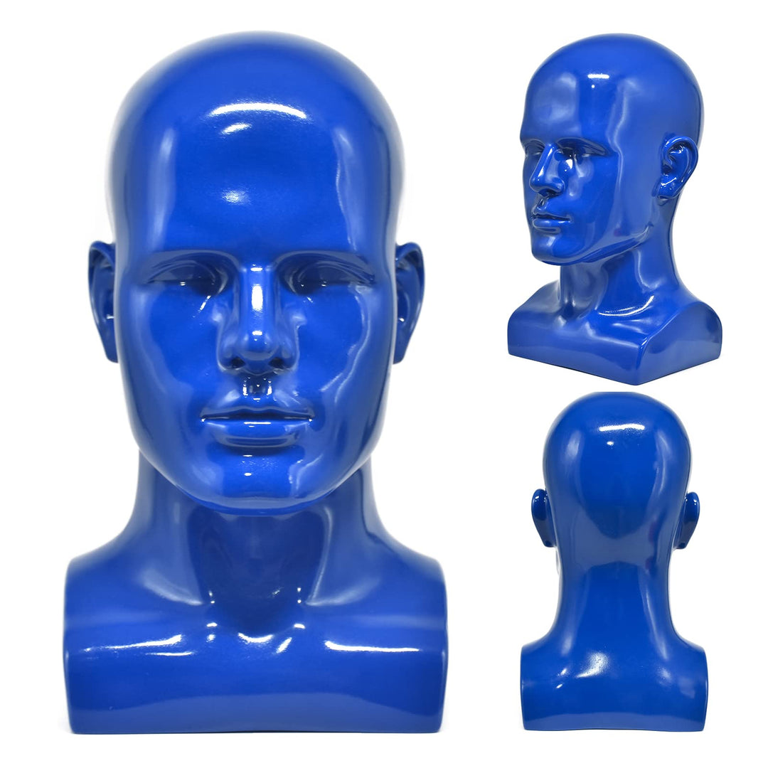 FanLin Male Mannequin Head Professional Manikin Head for Display Wigs Hats Headphone Mask Sunglasses Jewelry and Scravat Display Stand (Bright Blue)