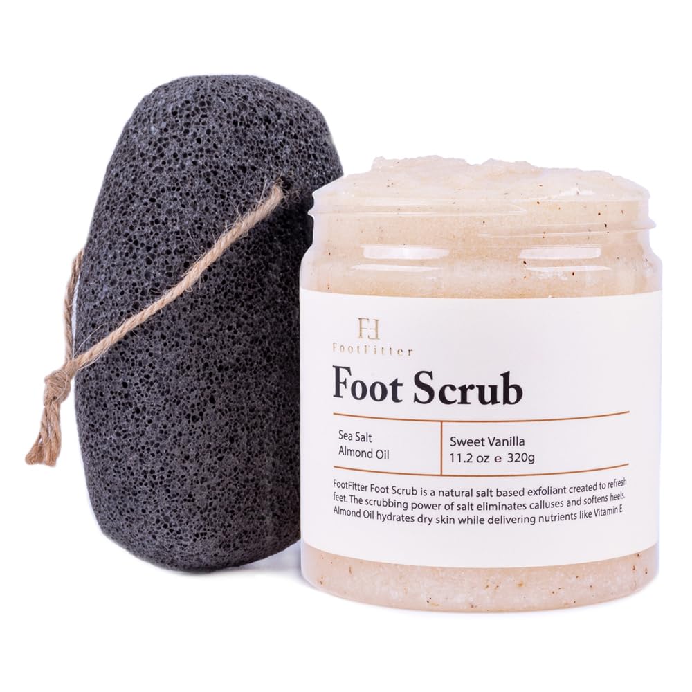 FootFitter Exfoliating Foot Scrub & Pumice Stone Set – Sea Salt Foot Scrub & Natural Volcanic Pumice Stone, Cleansing Foot Care Kit