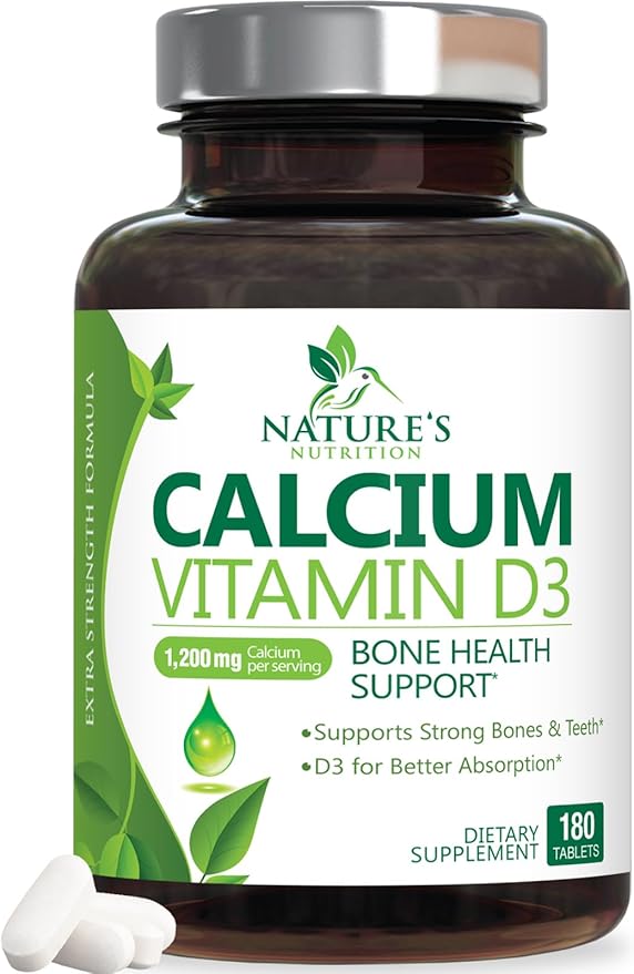 Calcium Supplement with Vitamin D - 1200 mg Calcium Carbonate with 1600 IU of D3 Vitamins - Supports Bone Strength, Teeth & Immune System - Natural & Easily Absorbable for Women & Men - 180 Tablets