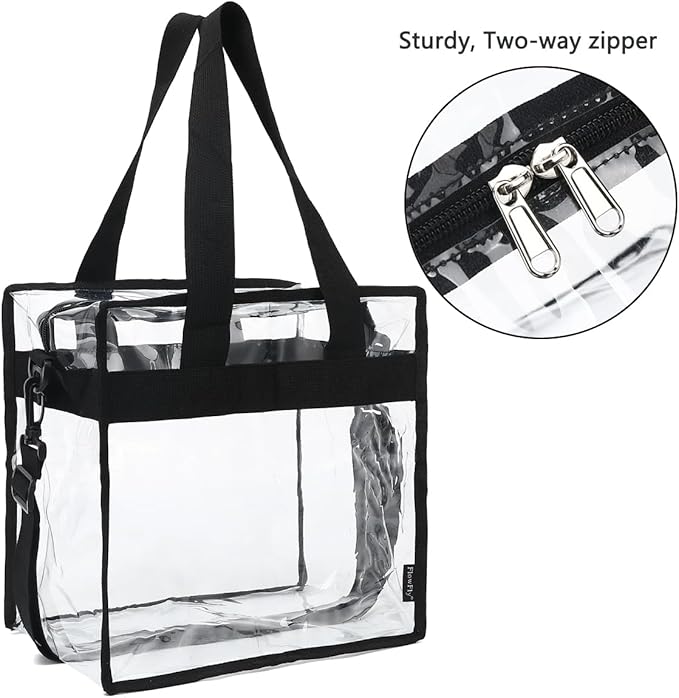 Flowfly Clear Bag Stadium Approved, Clear Beach Lunch Bag for Work Sports Festival - 2 Handles, Adjustable Strap, Zipper Closure, Clear